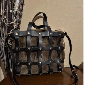 Cuir Rose Lamb Real Fur Italian Leather Cage Basket Weave Satchel Handbag Tote